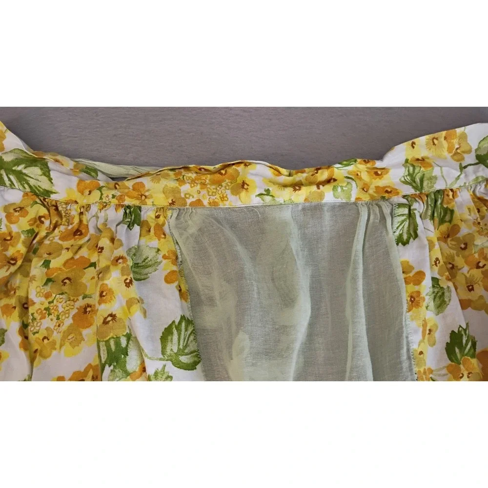 Vintage Hostess Apron Half Waist Flowers Floral Yellow Sheer W/Pockets Cottage‎